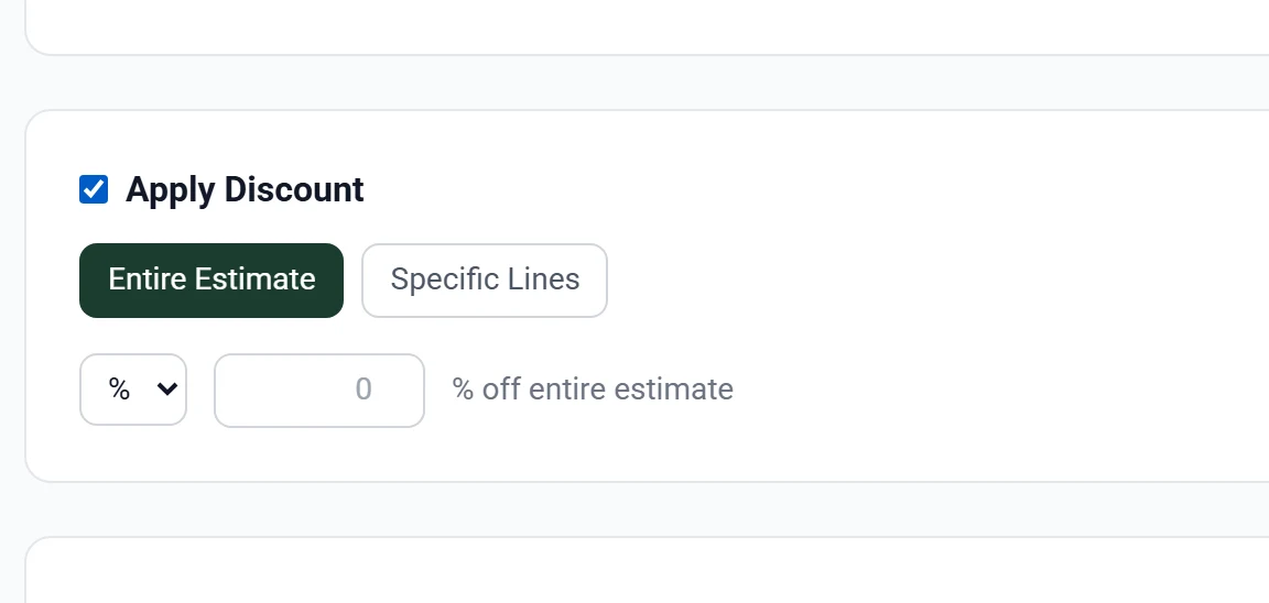 The discount controls, showing Entire Estimate and Specific Lines with a percent or dollar selector