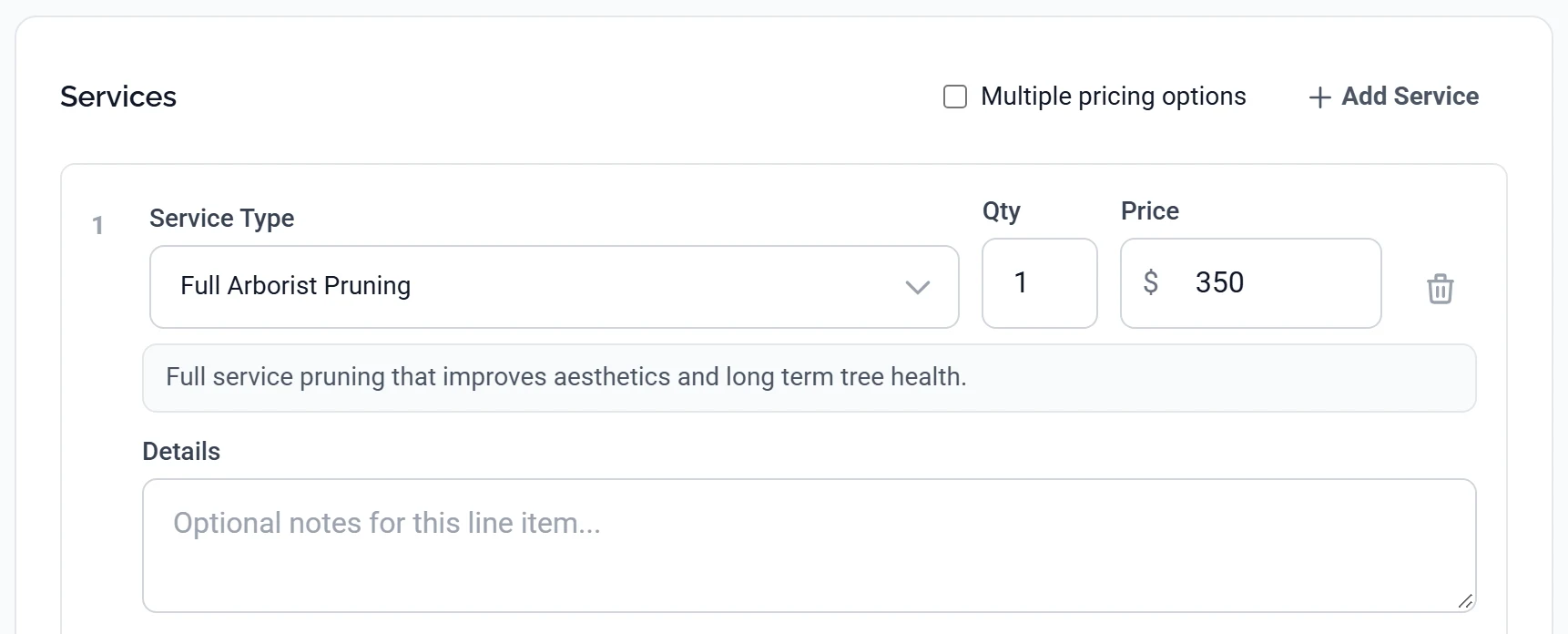 One line item on a new estimate: the Service Type field showing Full Arborist Pruning with Qty 1 and Price 350 beside it, the grey catalogue description underneath, and the empty Details box below that