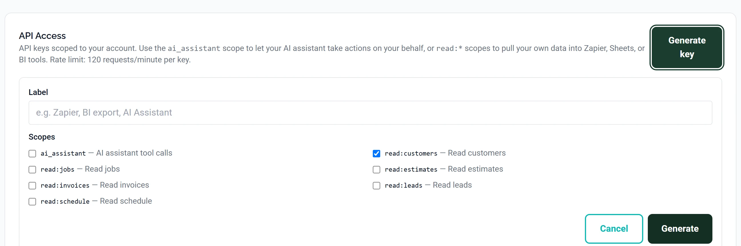 The API Access section of the Integrations page with the create-key form open, showing the Label field and the scope checkboxes: ai_assistant, read:customers, read:jobs, read:estimates, read:invoices, read:leads and read:schedule.