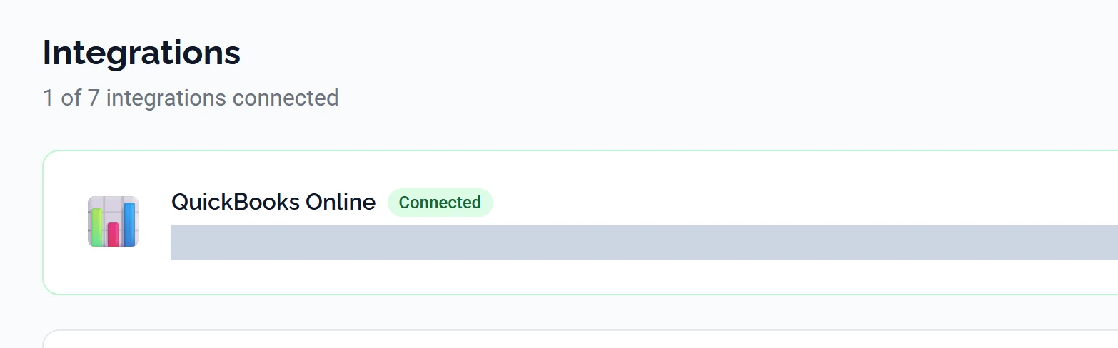 The QuickBooks card on the Integrations page, showing a connected account