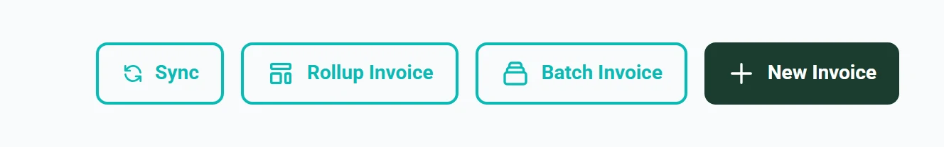 The header of the Invoices page showing the Sync, Rollup Invoice, Batch Invoice and New Invoice buttons side by side.