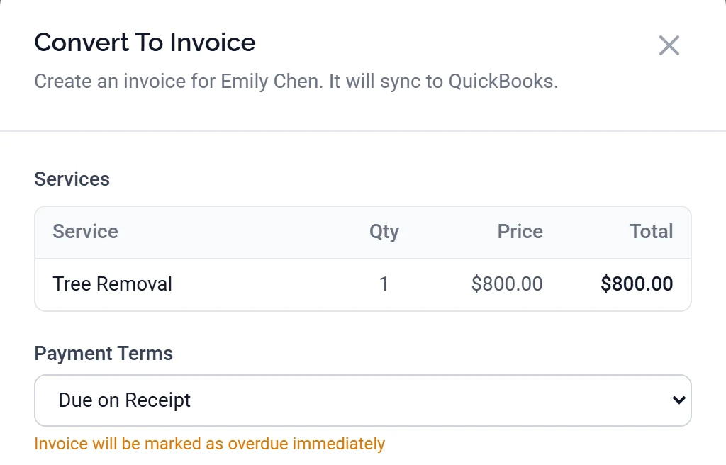 The Convert To Invoice window: the line Create an invoice for Emily Chen. It will sync to QuickBooks. above a Services table holding one line, Tree Removal at $800.00, then the Payment Terms dropdown set to Due on Receipt with a small amber line beneath it reading Invoice will be marked as overdue immediately.