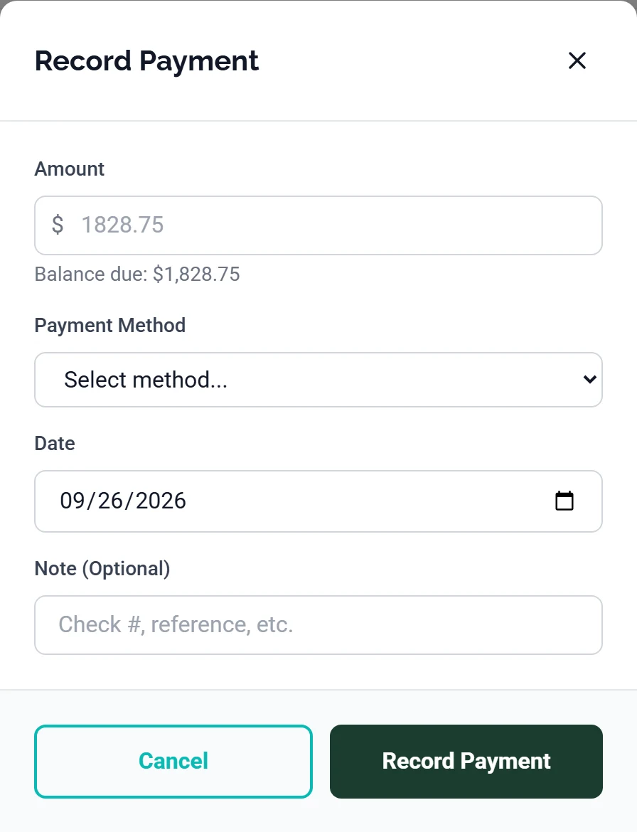 The Record Payment dialog: an Amount field with a dollar sign and the balance greyed out inside it, the line Balance due: $1,828.75 underneath, a Payment Method dropdown reading Select method..., a Date field set to today, a Note (Optional) field placeholdered Check #, reference, etc., and Cancel and Record Payment buttons along the bottom.