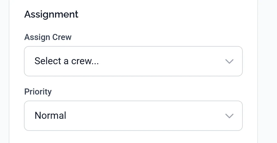 The Assignment card on a job's Schedule tab, showing the Assign Crew dropdown and the Priority dropdown under it.
