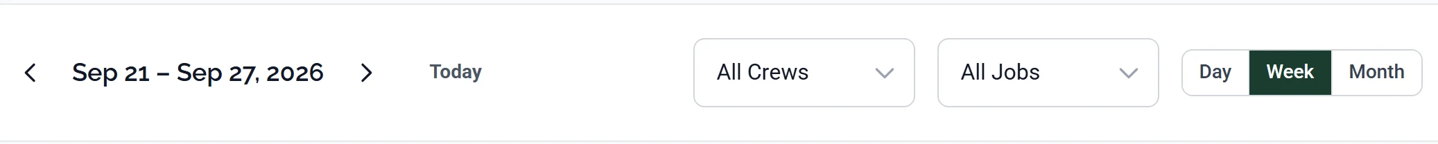 The Schedule controls bar: back and forward arrows either side of the week heading Sep 21 - Sep 27, 2026, a Today button, a crew dropdown reading All Crews, a second dropdown reading All Jobs that filters by confirmation, and the Day, Week and Month buttons with Week selected.