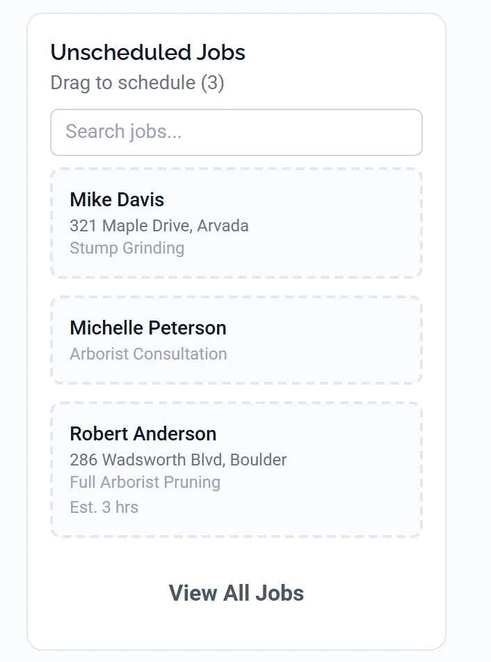 The Unscheduled Jobs card on the Schedule page, with draggable job cards under a Drag to schedule count and a search box above them.