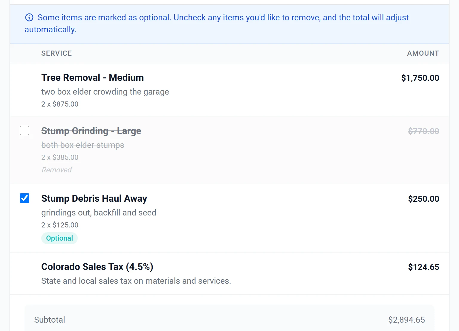 A customer portal estimate with optional line items ticked, showing how unticking one removes it from the work and lowers the total.