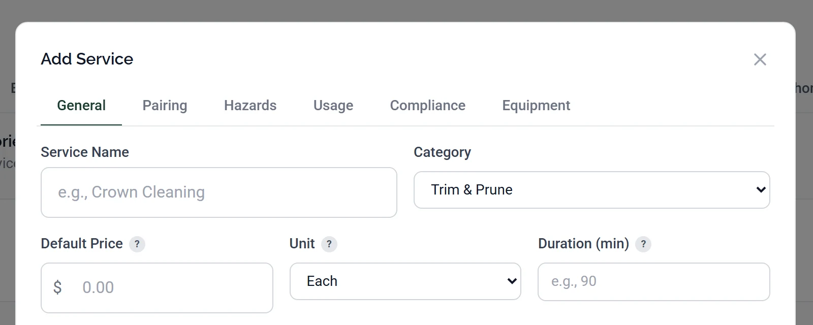 The Add Service window, with tabs across the top reading General, Pairing, Hazards, Usage, Compliance and Equipment, the General tab selected, an empty Service Name field and a Category dropdown set to Trim & Prune on the first row, and Default Price, Unit and Duration (min) on the second.