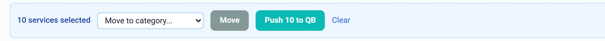 A blue bar above the service list reading 10 services selected, followed by a Move to category dropdown, a Move button, a Push 10 to QB button and a Clear link.