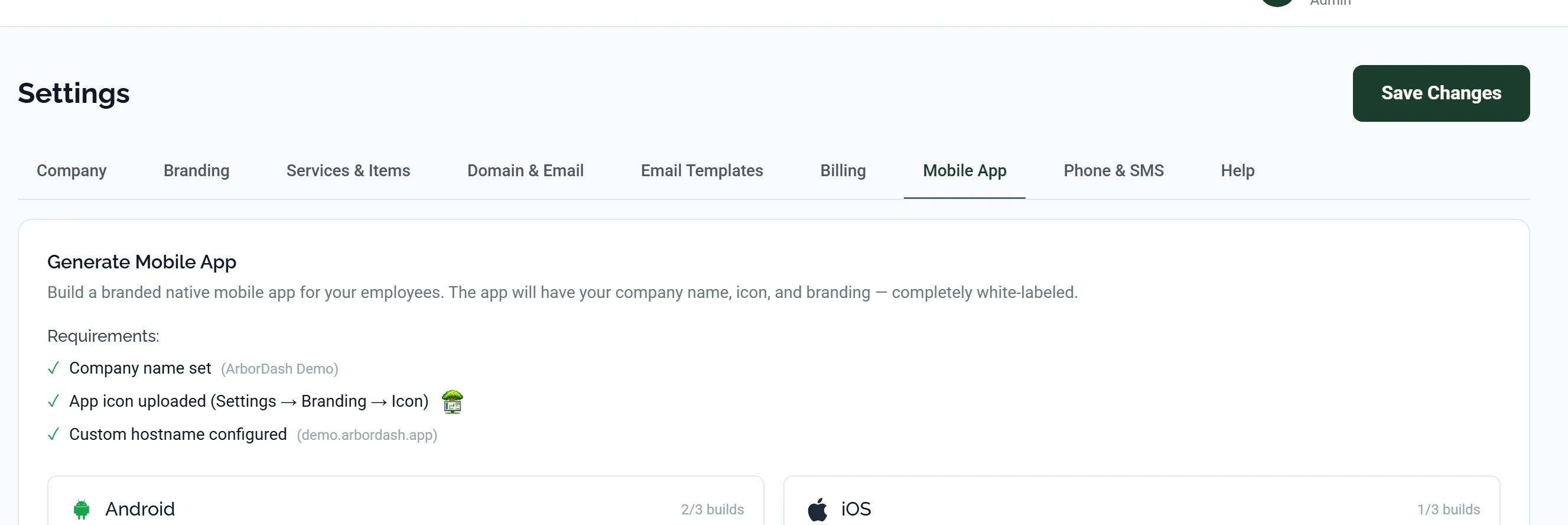 The Mobile App tab in Settings showing the Generate Mobile App panel and its three requirements