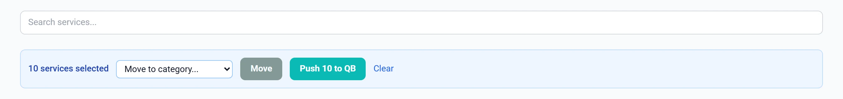 A blue selection bar above the service list in Settings, showing a count of selected services, a Move to category dropdown, a Move button, and a button reading Push 10 to QB
