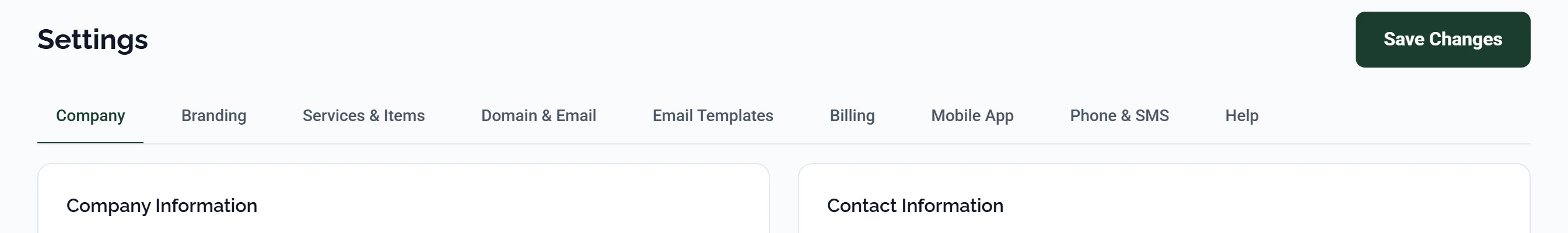 The Settings page with its nine tabs across the top (Company, Branding, Services & Items, Domain & Email, Email Templates, Billing, Mobile App, Phone & SMS and Help), with Company selected, a Save Changes button above them, and the Company Information and Contact Information panels beginning below.