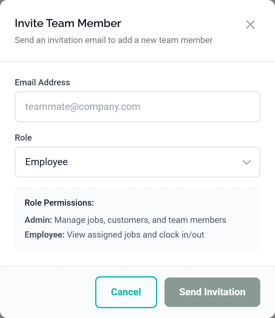 The Invite Team Member dialog, with an Email Address field, a Role dropdown set to Employee, a grey Role Permissions box saying what Admin and Employee each get, and Cancel and Send Invitation buttons along the bottom.